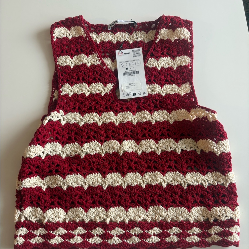 Dark-orangy-red & Cream Sleeveless Crochet Top